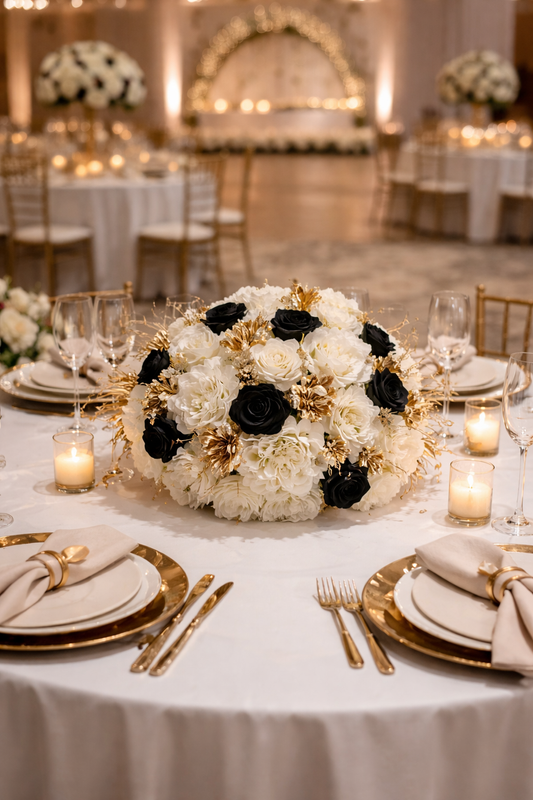 Location de fleurs blanche noir et doré 45cm pour centre de table
