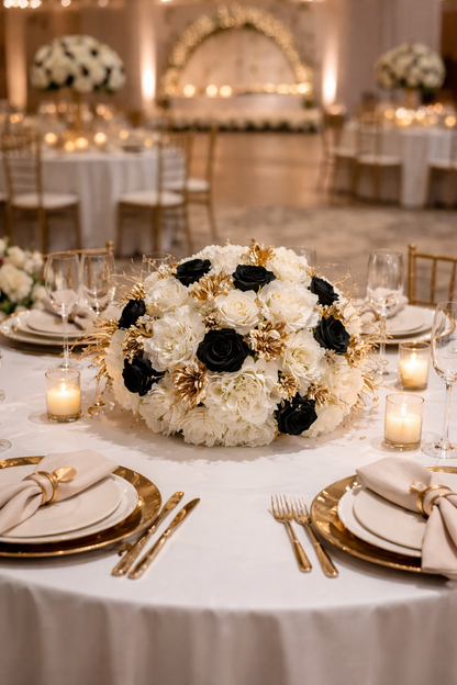 Location de fleurs blanche noir et doré 45cm pour centre de table